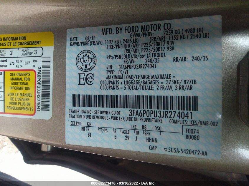 2018 FORD FUSION ENERGI SE 3FA6P0PU3JR274041