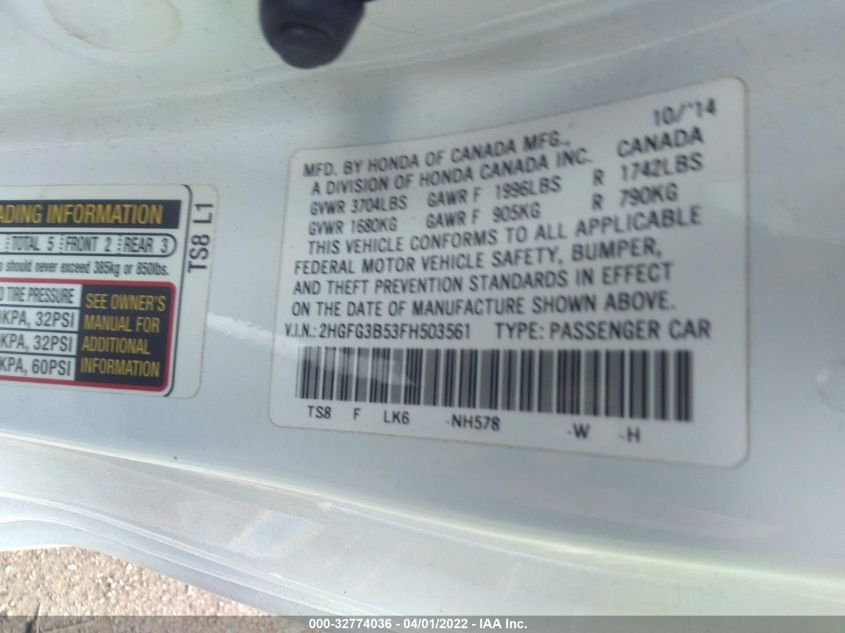 2015 HONDA CIVIC COUPE LX 2HGFG3B53FH503561