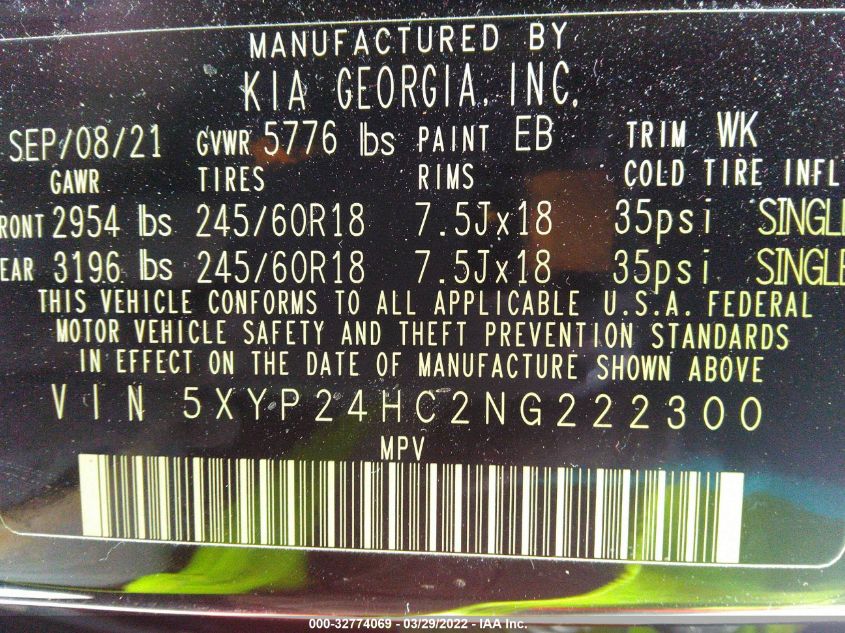 2022 KIA TELLURIDE LX 5XYP24HC2NG222300