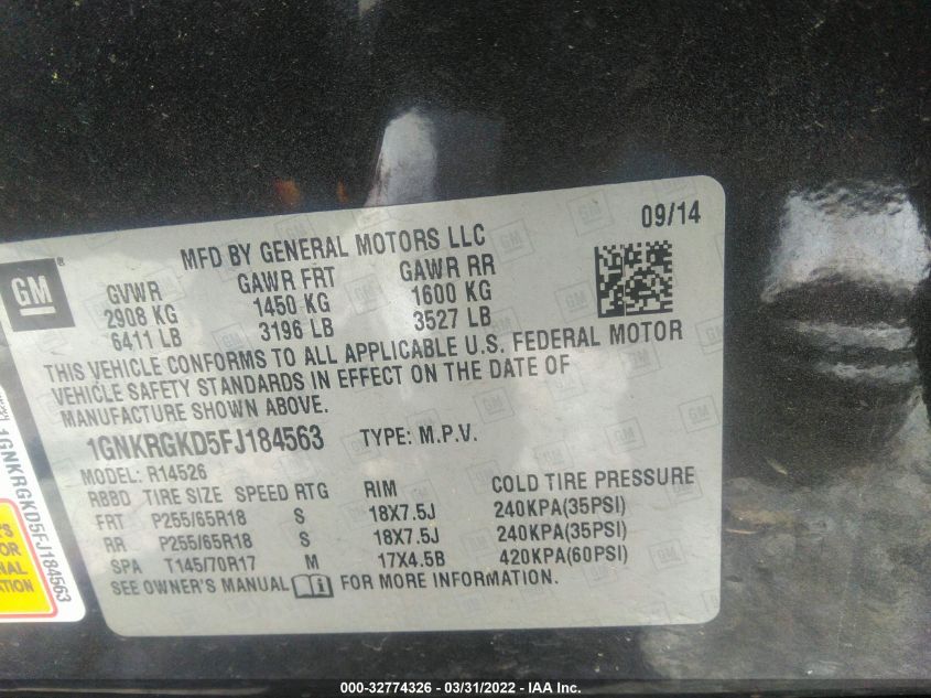 2015 CHEVROLET TRAVERSE LT 1GNKRGKD5FJ184563