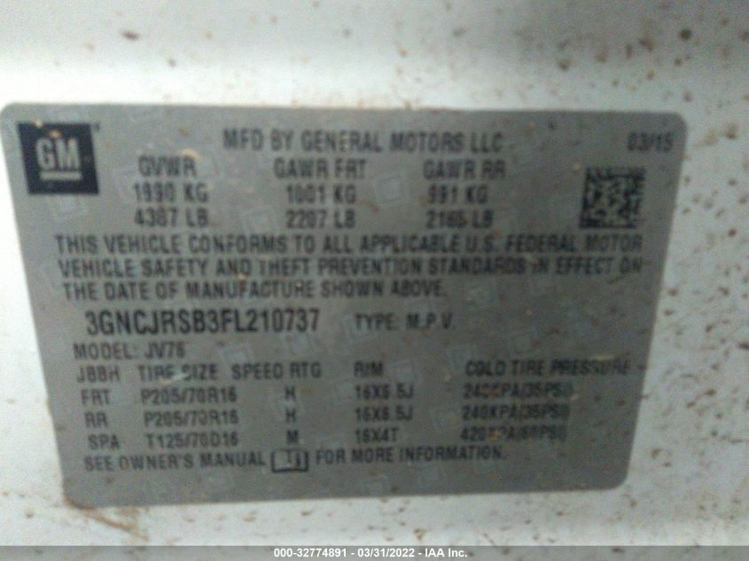 2015 CHEVROLET TRAX LT 3GNCJRSB3FL210737