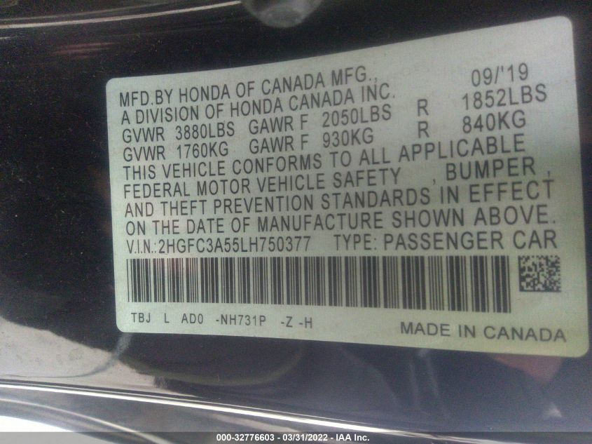 2020 HONDA CIVIC SI COUPE 2HGFC3A55LH750377