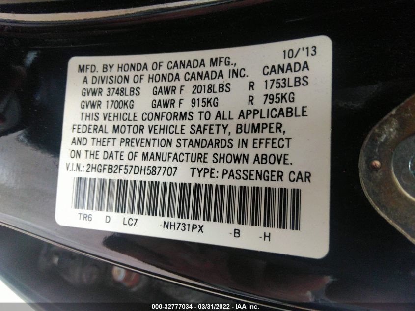 2013 HONDA CIVIC SDN LX 2HGFB2F57DH587707