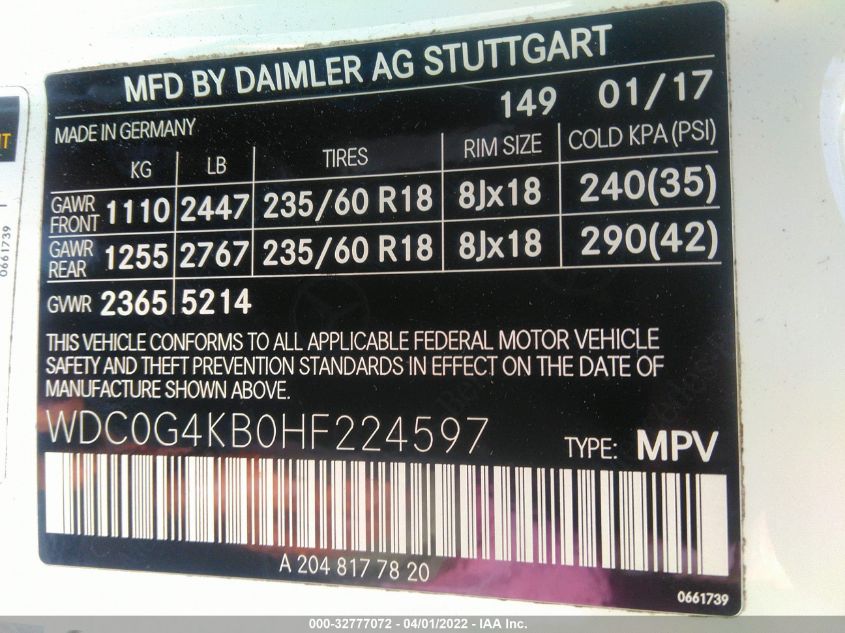2017 MERCEDES-BENZ GLC GLC 300 WDC0G4KB0HF224597