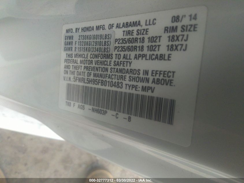 2015 HONDA ODYSSEY TOURING 5FNRL5H95FB010483