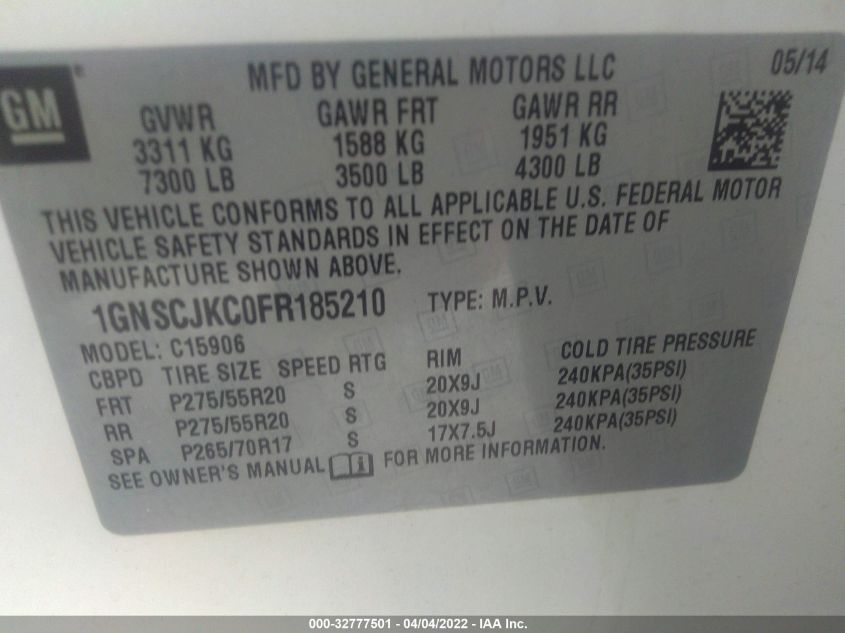 2015 CHEVROLET SUBURBAN LT 1GNSCJKC0FR185210