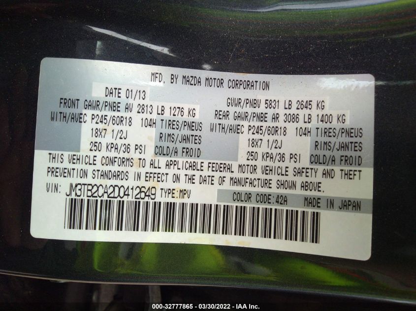 2013 MAZDA CX-9 TOURING JM3TB2CA2D0412649