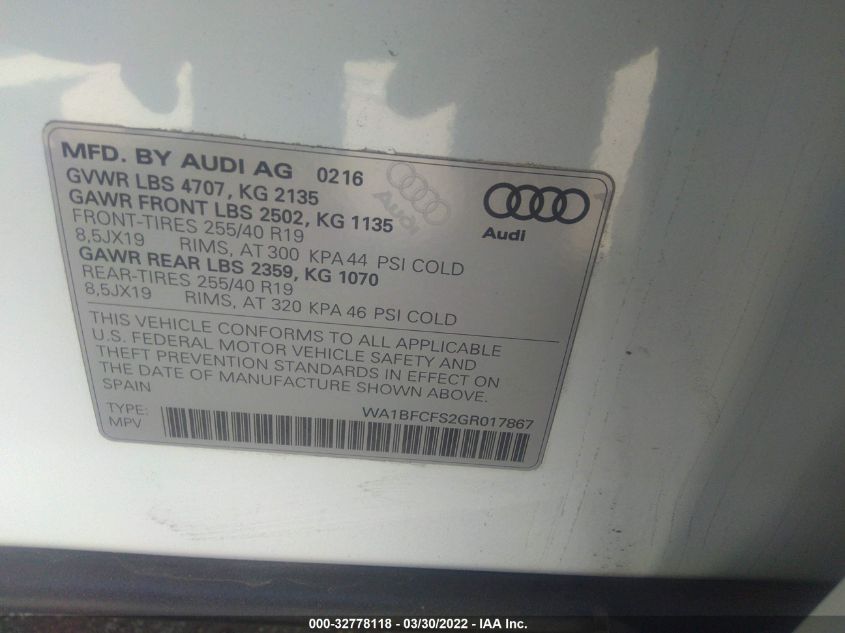 2016 AUDI Q3 PREMIUM PLUS WA1BFCFS2GR017867