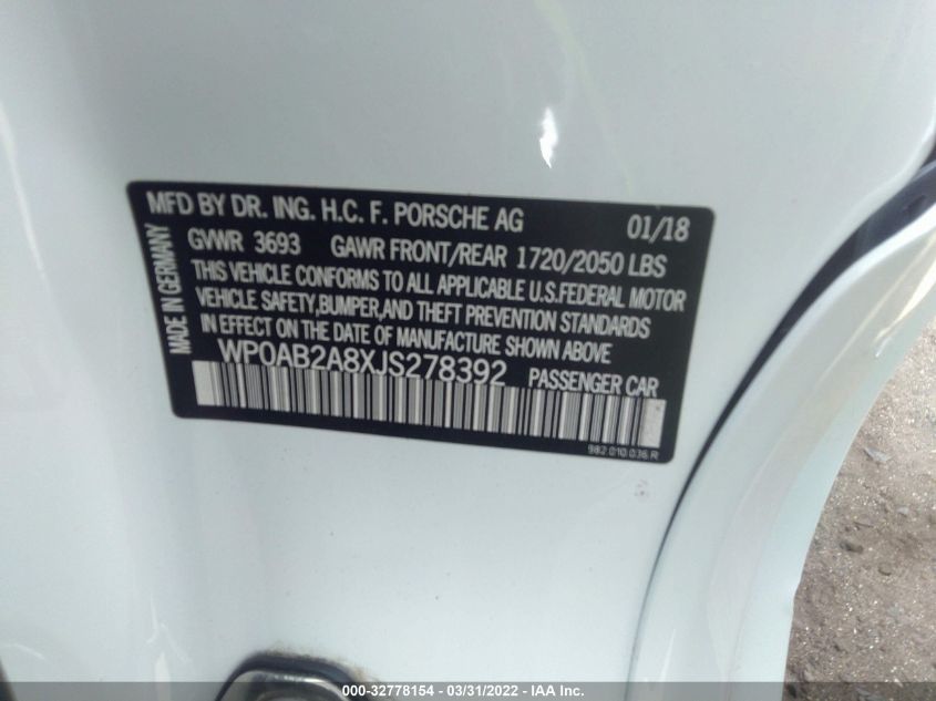 2018 PORSCHE 718 CAYMAN S/GTS WP0AB2A8XJS278392