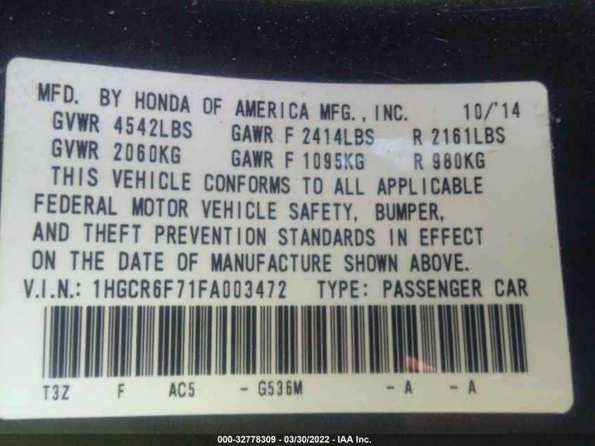 2015 HONDA ACCORD HYBRID TOURING 1HGCR6F71FA003472