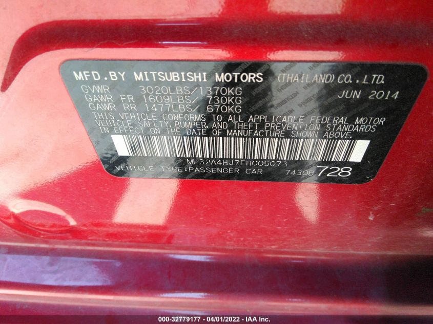 2015 MITSUBISHI MIRAGE ES/RF ML32A4HJ7FH005073