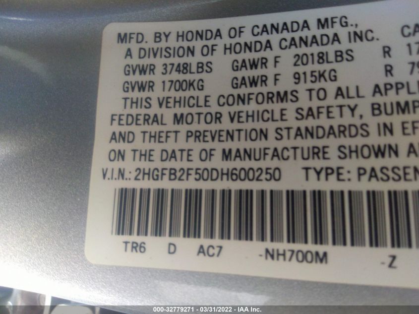 2013 HONDA CIVIC SDN LX 2HGFB2F50DH600250