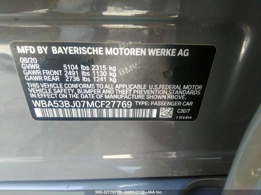 2021 BMW 5 SERIES 540I WBA53BJ07MCF27769