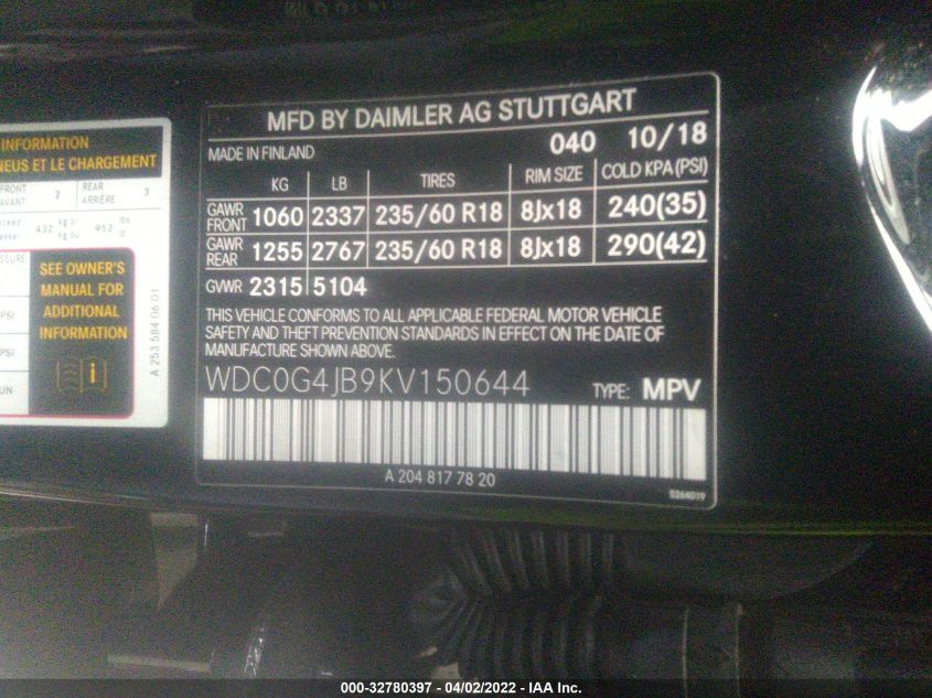 2019 MERCEDES-BENZ GLC GLC 300 WDC0G4JB9KV150644