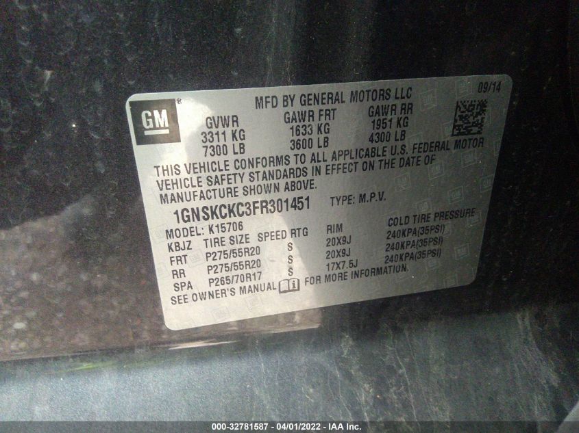 2015 CHEVROLET TAHOE LTZ 1GNSKCKC3FR301451
