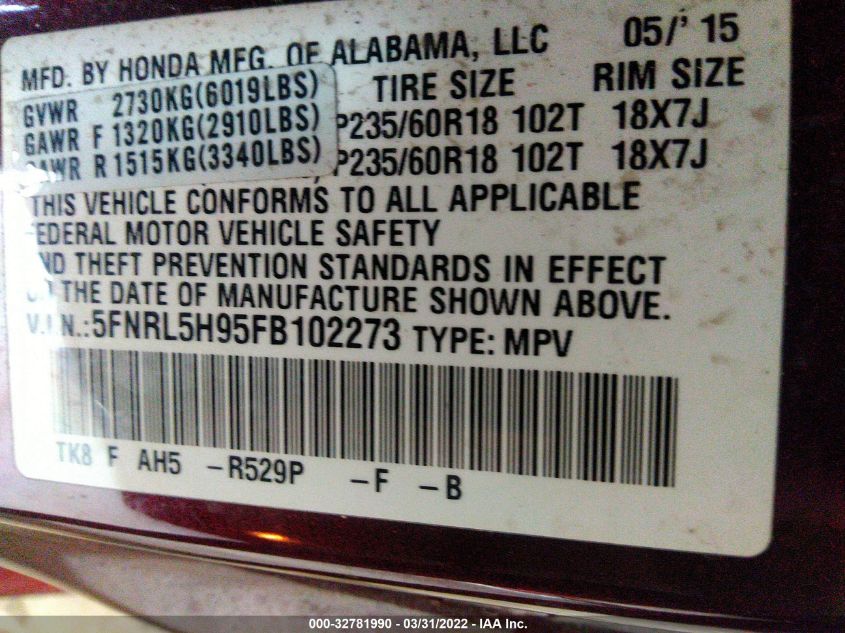 2015 HONDA ODYSSEY TOURING 5FNRL5H95FB102273