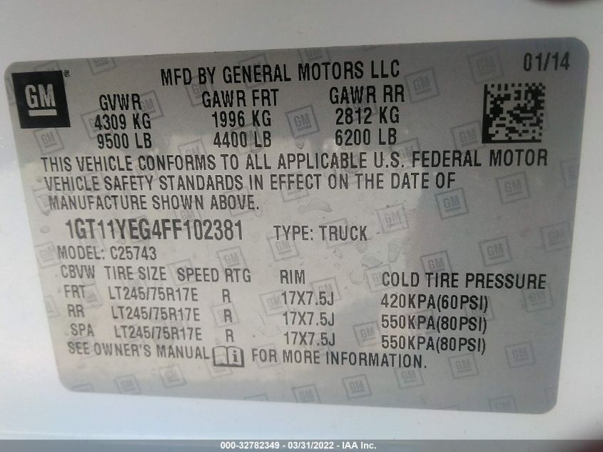 2015 GMC SIERRA 2500HD SLE 1GT11YEG4FF102381