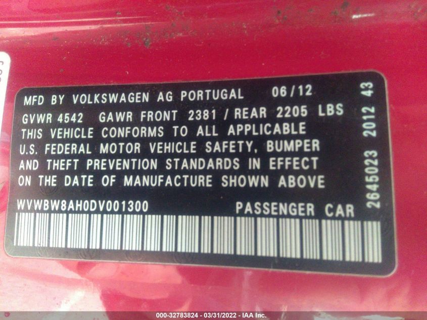 2013 VOLKSWAGEN EOS SPORT WVWBW8AH0DV001300