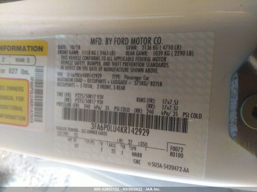 2019 FORD FUSION HYBRID SE 3FA6P0LU4KR142929