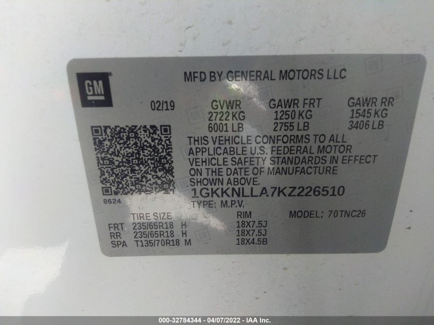 2019 GMC ACADIA SLE 1GKKNLLA7KZ226510