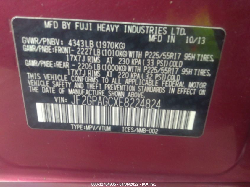 2014 SUBARU XV CROSSTREK 2.0 LIMITED JF2GPAGCXE8224824