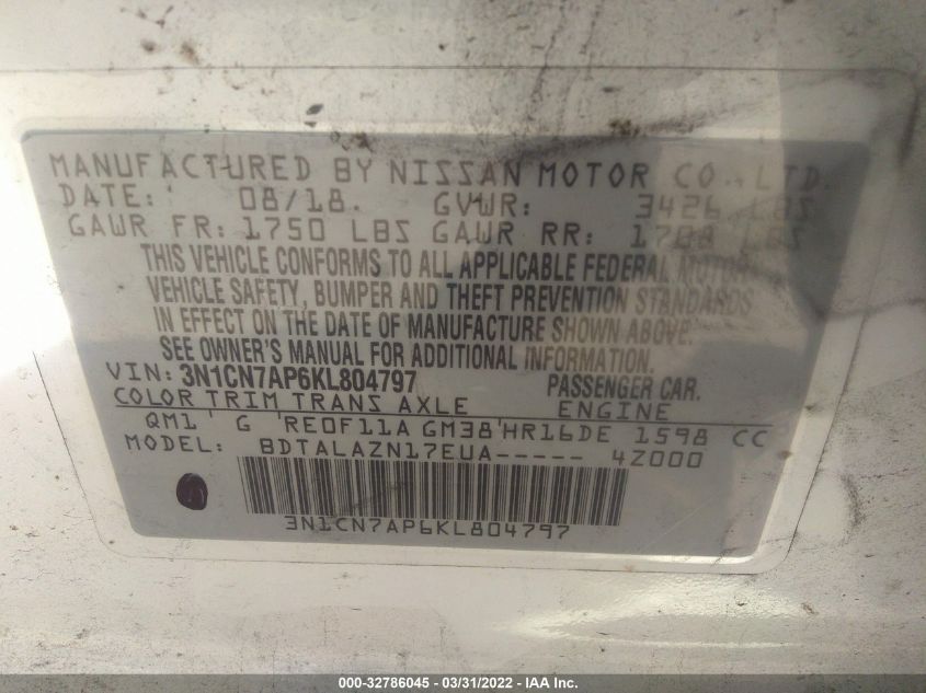 2019 NISSAN VERSA SEDAN S PLUS 3N1CN7AP6KL804797