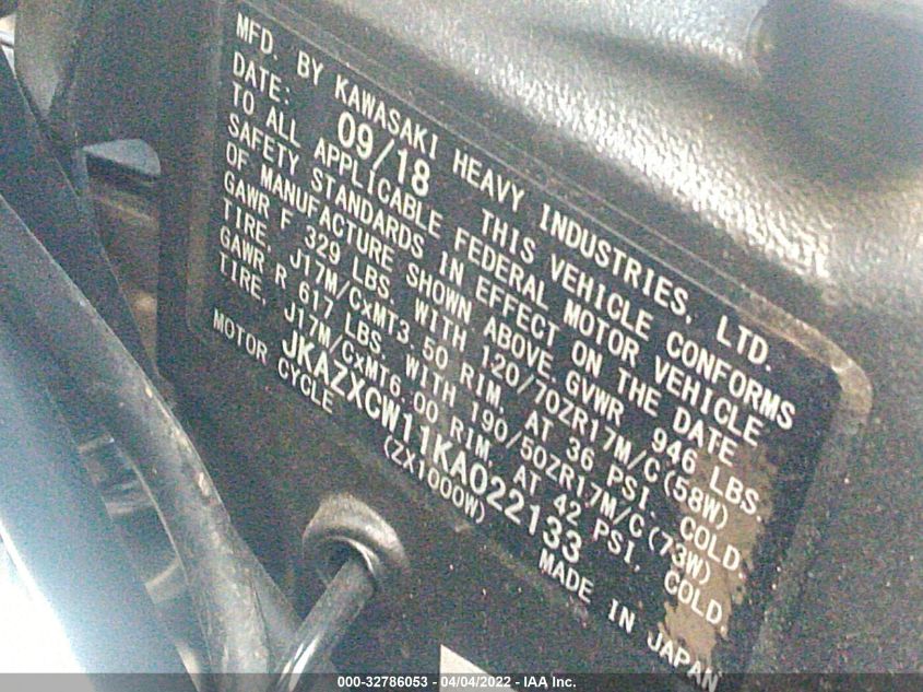 2019 KAWASAKI ZX1000 W JKAZXCW11KA022133