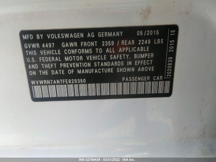 2015 VOLKSWAGEN CC EXECUTIVE WVWRN7AN7FE829350