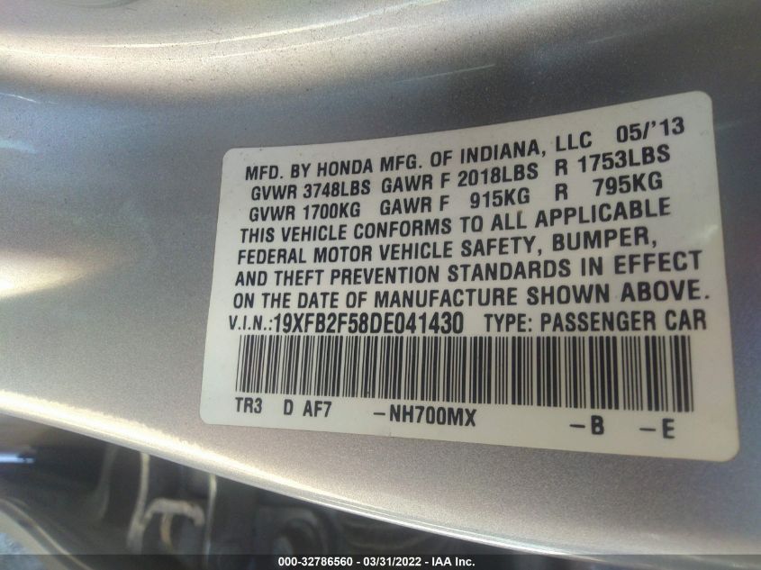 2013 HONDA CIVIC SDN LX 19XFB2F58DE041430