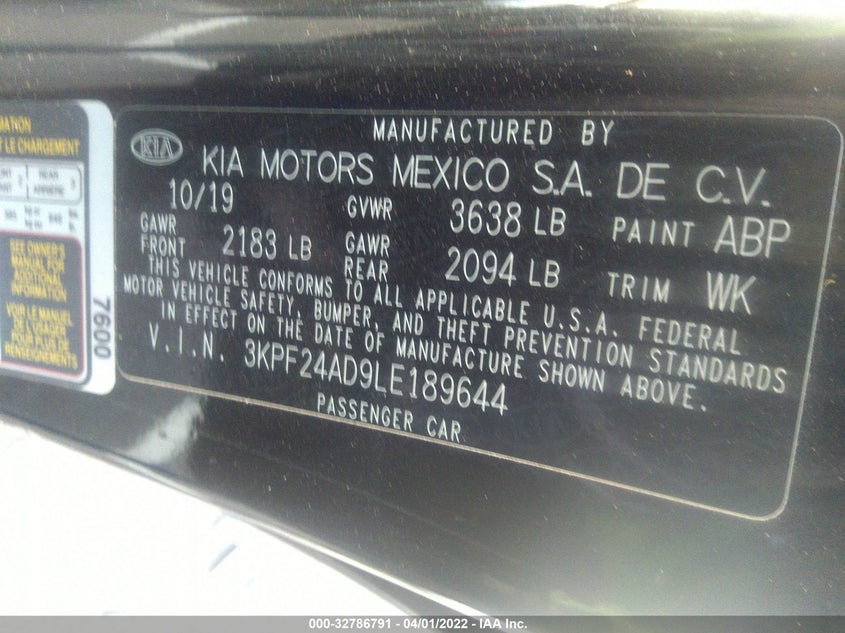 VIN 3KPF24AD9LE189644 2020 KIA FORTE FE