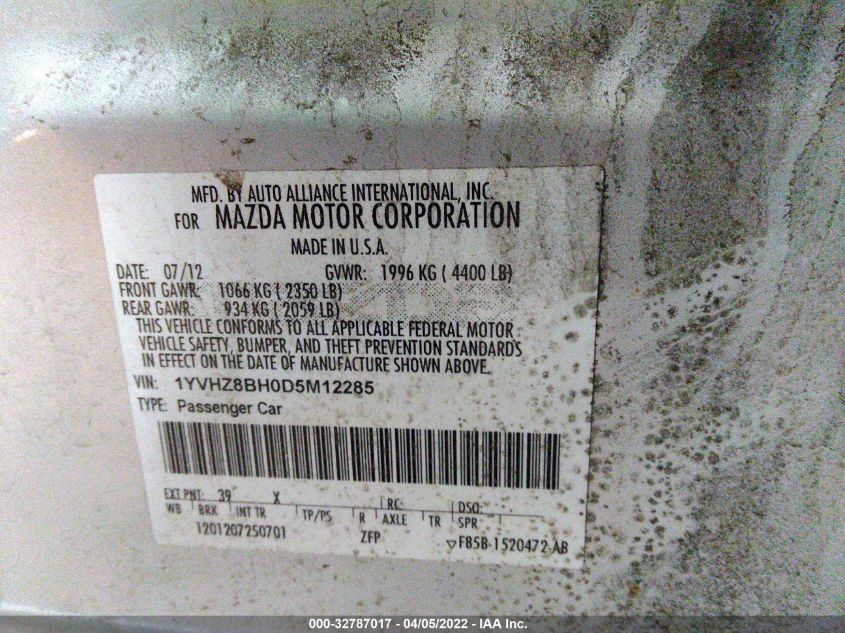2013 MAZDA MAZDA6 I SPORT 1YVHZ8BH0D5M12285