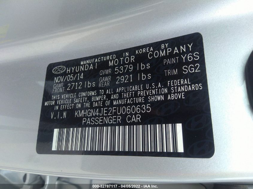 2015 HYUNDAI GENESIS 3.8L KMHGN4JE2FU060635