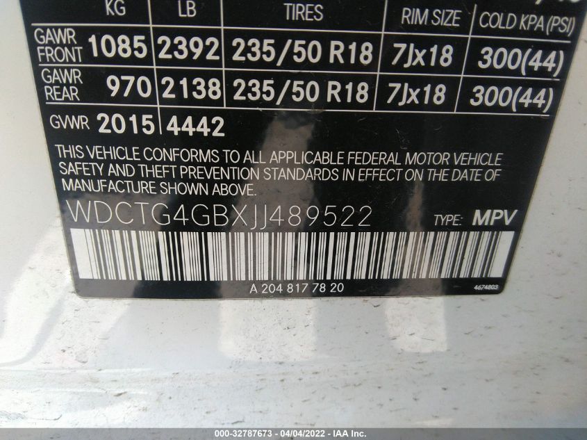 2018 MERCEDES-BENZ GLA GLA 250 WDCTG4GBXJJ489522