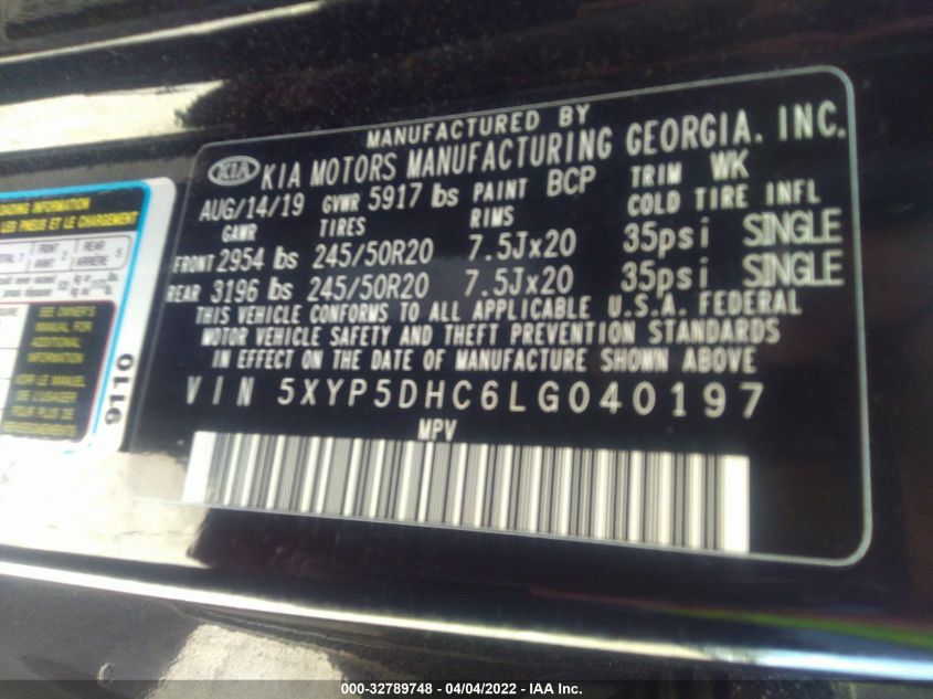 2020 KIA TELLURIDE SX 5XYP5DHC6LG040197