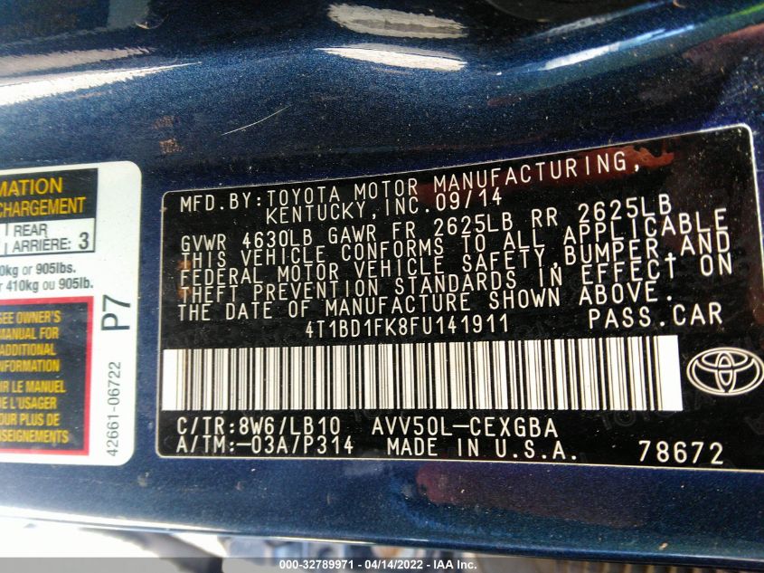 2015 TOYOTA CAMRY HYBRID LE/XLE/SE 4T1BD1FK8FU141911