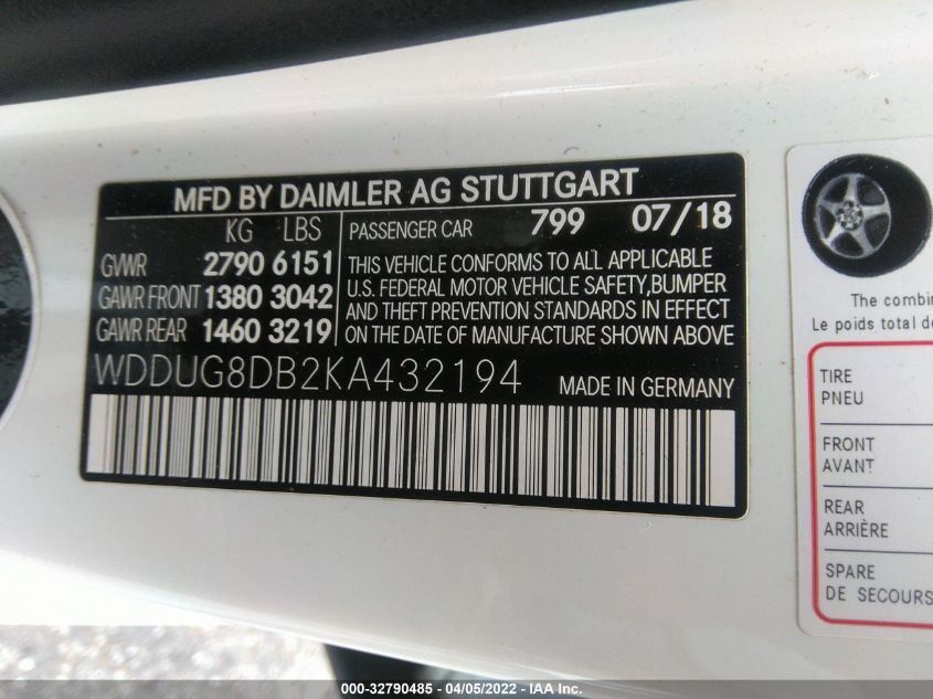 2019 MERCEDES-BENZ S-CLASS S 560 WDDUG8DB2KA432194