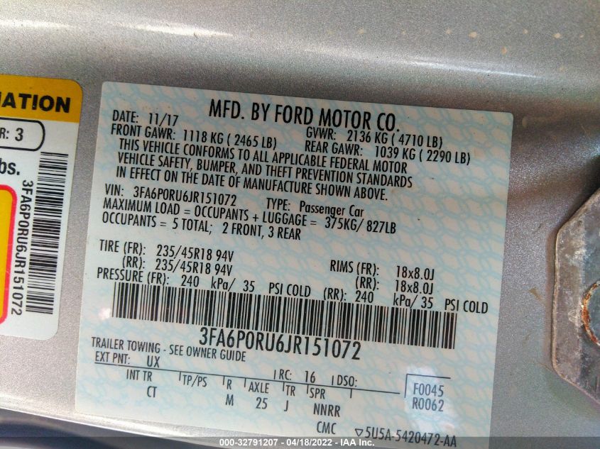 2018 FORD FUSION HYBRID TITANIUM 3FA6P0RU6JR151072