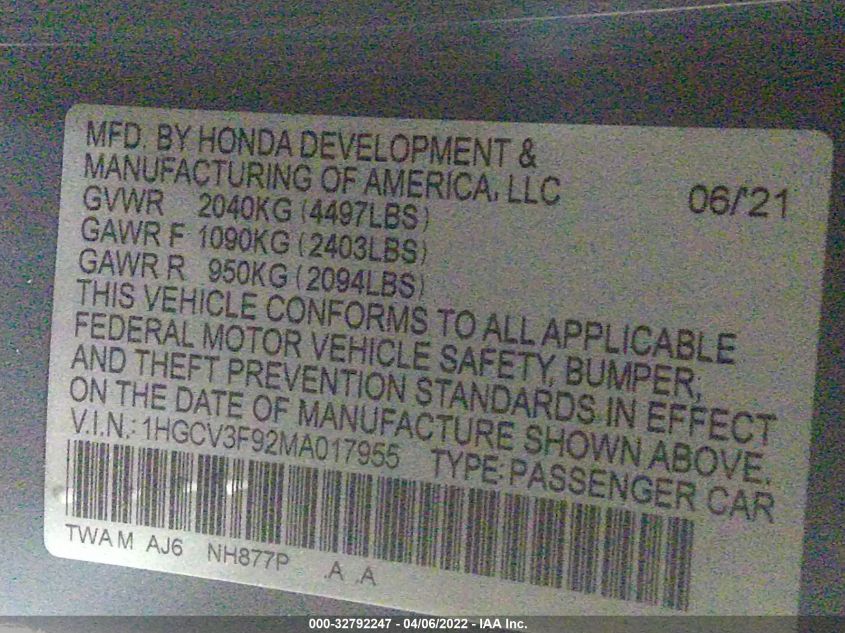 2021 HONDA ACCORD HYBRID TOURING 1HGCV3F92MA017955