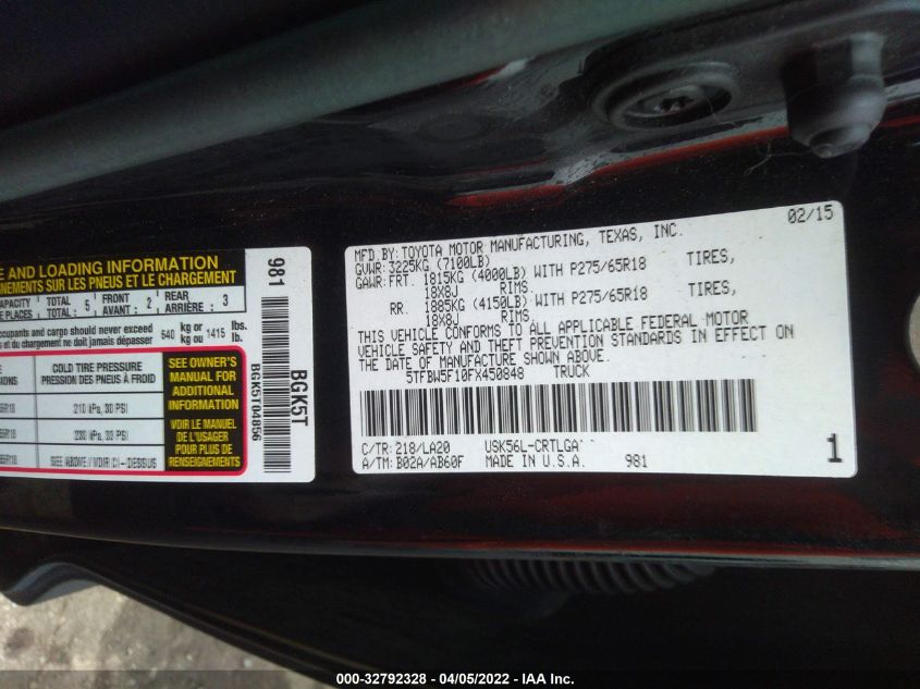2015 TOYOTA TUNDRA 4WD TRUCK LTD 5TFBW5F10FX450848