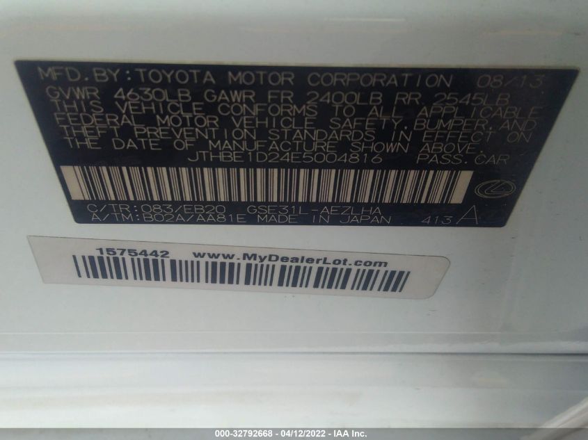 2014 LEXUS IS 350 JTHBE1D24E5004816