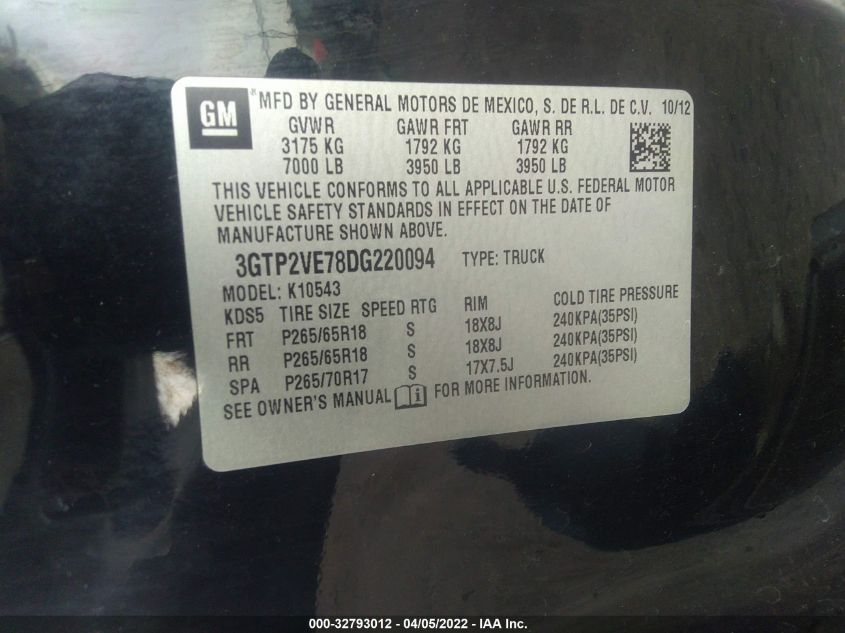2013 GMC SIERRA 1500 SLE 3GTP2VE78DG220094