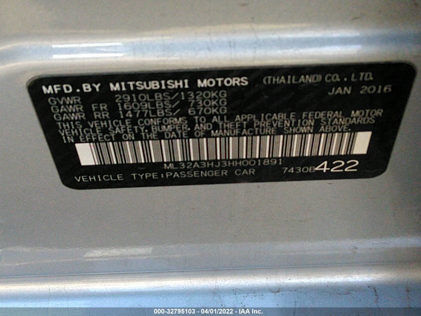 2017 MITSUBISHI MIRAGE ES ML32A3HJ3HH001891
