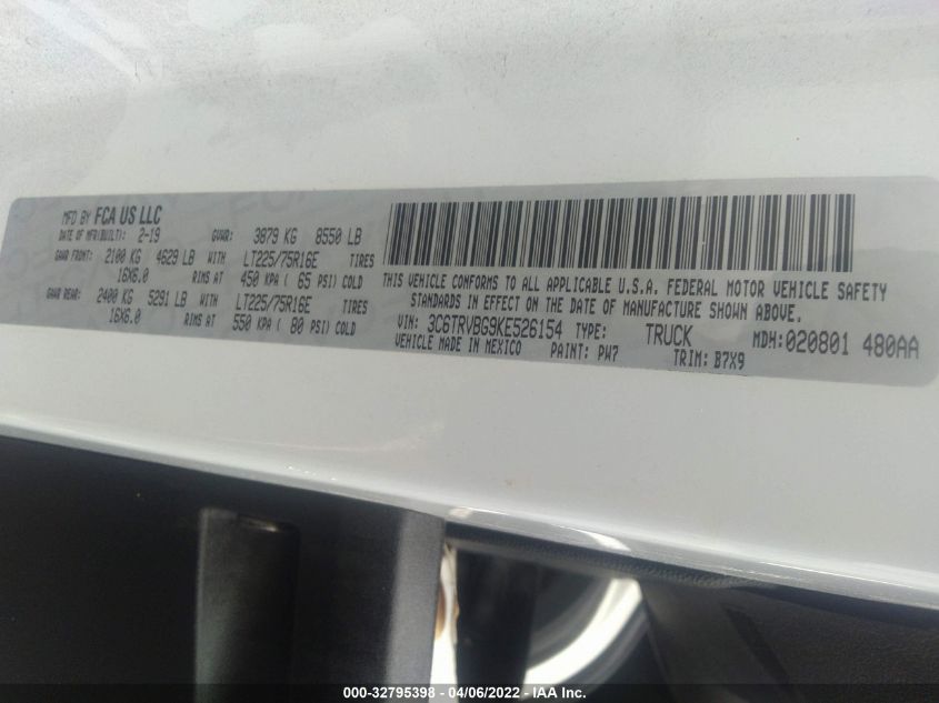 2019 RAM PROMASTER CARGO VAN 3C6TRVBG9KE526154