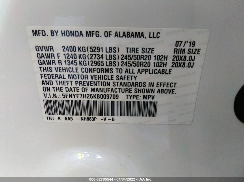2019 HONDA PASSPORT SPORT 5FNYF7H26KB009709