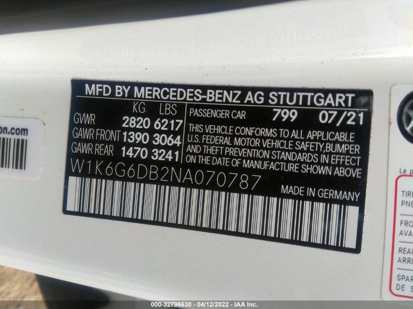 2022 MERCEDES-BENZ S-CLASS S 500 W1K6G6DB2NA070787