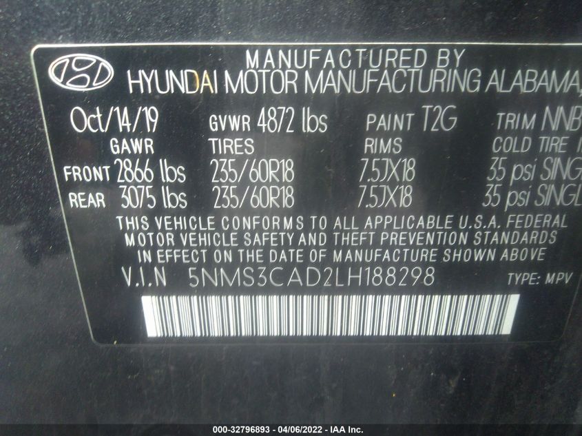2020 HYUNDAI SANTA FE SEL 5NMS3CAD2LH188298