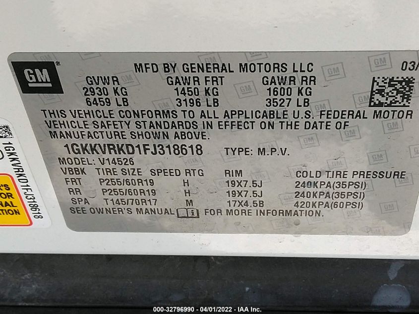 2015 GMC ACADIA SLT 1GKKVRKD1FJ318618