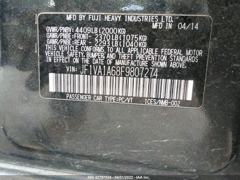2015 SUBARU WRX JF1VA1A68F9807274