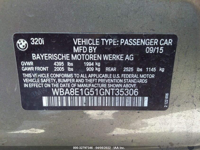 2016 BMW 3 SERIES 320I WBA8E1G51GNT35306