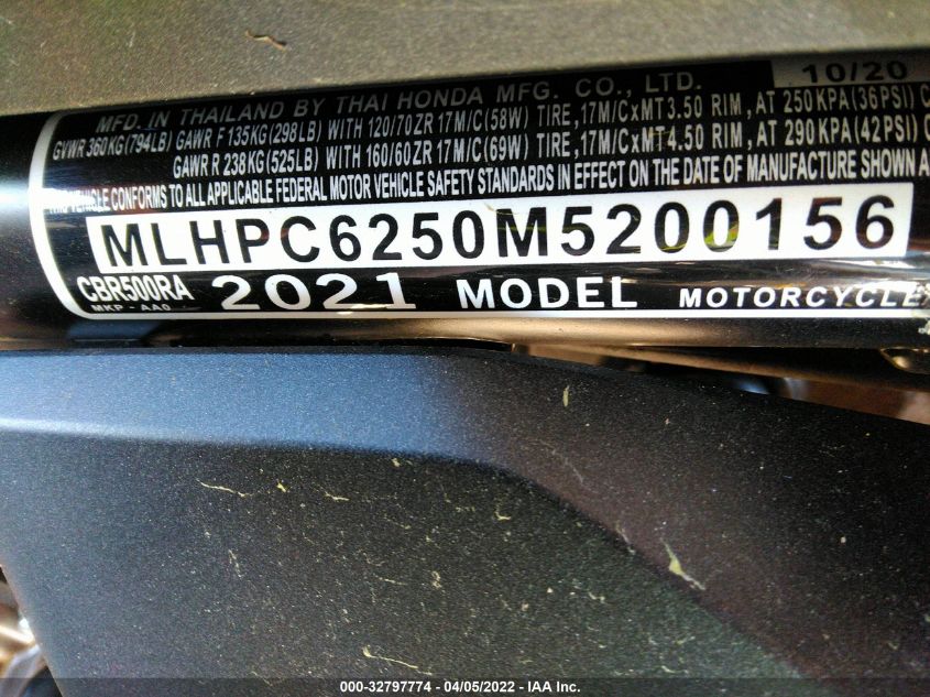 2021 HONDA CBR500 RA MLHPC6250M5200156